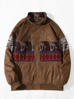 Vestes en faux suède à fermeture éclair patchwork pour hommes avec imprimé cachemire ethnique