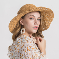 Womens tissé paille large bord plat bill chapeau vacances soleil protection plage disquette chapeau