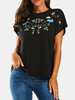 YOINS T-shirt manches courtes col rond imprimé jersey noir Triball