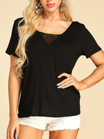 YOINS T-shirt noir à manches courtes avec empiècement en dentelle et col en V