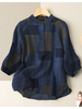 ZANZEA Plus Size Loose Fit Check Print Button Stand Collar 3/4 Sleeve Cotton Linen Women Blouse