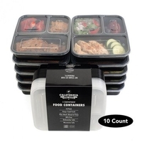 10 Meal Prep Disposable Box Lunch Boxes Plastic Lunch Boxes Three Grid Packing Box Black