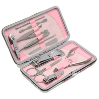 12Pcs Nail Cilpper Set With Pink Flower Pattern Leather Case