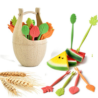 16pcs Green Biodegradable Natural Wheat Straw Leaves Fruit Fork Set Cake Salad Vegetable Forks Picks