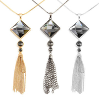 18K Gold Necklace Tassels Long Vintage Triangle Crystal Pendant Necklace