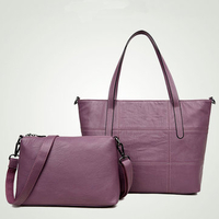 2 PCS Women Genuine Leather Handbag Casual Tote Bag Composite Bag Set Shoulder Bag