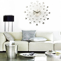 33CM Novelty Diamond Crystal Jeweled Sunburst Wall Clock Silver Metal Wire