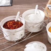 3cs Kitchen Ceramic Condiment Jars Set Seasoning Box Holder Rack Spoon Seasoning Storage Containers