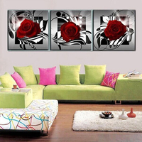 3PCS Red Rose Unframed Oil Painting Modern Romantic Canvas Wall Art Living Room Home Decor