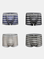 4 PCS Boxers Casual Breathable Stripes Printing Soft Cotton Mid Waist Underwear for Men