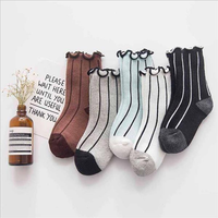 5Pairs Kids Lace Thicken Terry Crew Vertical Stripes Boneless Cotton Socks