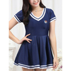 5XL V-neck Striped Sleeves Boyshort Wireless Gather Swimdress