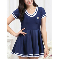 5XL V-neck Striped Sleeves Boyshort Wireless Gather Swimdress