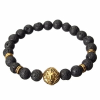 8MM Black Lava Stone Gold Head Lion Elastic Bracelet