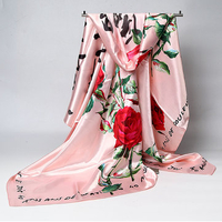90*90CM Women Rose Floral Printed Square Artificial Silk Headband Multifunctional Scarf
