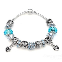 925 Silver Plated Crystal Blue Murano Glass Beads Bracelet