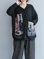 Abstract Printed Pocket Long Sleeve V Neck Women Coats