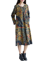 Abstract Printed Vintage Long Sleeve Women Loose Robe Dress(Button is random)