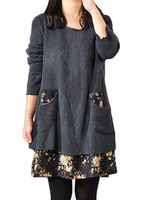 Acrylic Pocket O-neck Loose Casual Long Sleeve Dress