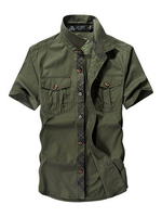 AFSJEEP Casual Cotton Washed Breathable Short Sleeve Band Collar Cargo Dress Shirts for Men