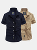 AFSJEEP Casual Loose Breathable Chest Pockets Short Sleeve Band Collar Cargo Dress Shirts for Men