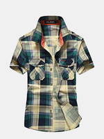 AFSJEEP Outdoor Casual Cotton Plaids Printing Chest Pockets Dress Shirts for Men