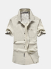 AFSJEEP Outdoor Casual Linen Short Sleeve Chest Pockets Cargo Dress Shirts for Men