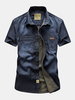 AFSJEEP Summer Short Sleeve Cotton Band Collar Denim Casual