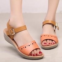 Artificial Leather Color Match Soft Hollow Out Buckle Wedge Heel Sandals