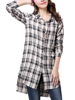 Asymmetrical Hem Button Check Plaid Elegant Women Shirt Blouse