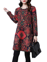 Autumn Winter Women Printed O-Neck Long Sleeve Pocket Cotton Mini Dress