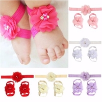 Babys Infants Girls Lovely Foot Flower Barefoot Sandals Headband Set Gifts