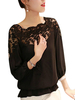 Back Hollow Out Lace Matching Long Sleeve O-Neck Women Blouses