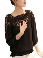Back Hollow Out Lace Matching Long Sleeve O-Neck Women Blouses