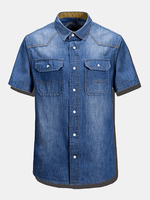 Band Collar Denim Dress Shirts for Men