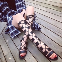 Bandage Strappy Lace Up Peep Toe Knee High Zipper Flat Roman Gladiators Sandals