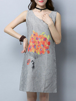 Basic Women O-Neck Sleeveless Striped Patchwork Print Dresses