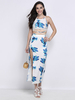 Beach Floral Halter Backless Slit Sleeveless Sexy Two Pieces Dress