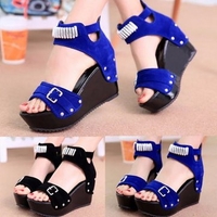 Bead Buckle Sude Peep Toe Back Zipper Hollow Out Platform Sandals