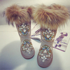 Beaded Crystal Furry Shiny Mid Calf Fur Lining Boots For Women