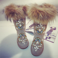 Beaded Crystal Furry Shiny Mid Calf Fur Lining Boots For Women