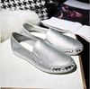 Beaded Flat Pure Color Slip On Lazy Casual White Silver Shoes