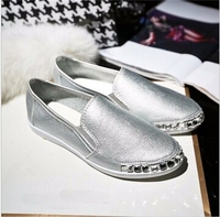 Beaded Flat Pure Color Slip On Lazy Casual White Silver Shoes