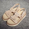 Beige Tassel Peep Toe Hook Loop Flat Button Gladiators