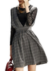 Belt Bow Vintage Slim Lace Check Patchwork Women Skater Dress