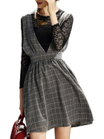 Belt Bow Vintage Slim Lace Check Patchwork Women Skater Dress