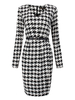 Belt Houndstooth Long Sleeve V-Neck Elegant Women Pencil Dress