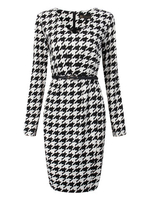 Belt Houndstooth Long Sleeve V-Neck Elegant Women Pencil Dress
