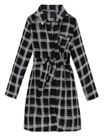 Belt Plaid Transparent Long Sleeve Chiffon Party Shirt Dress