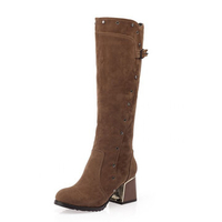 Big Size Button Buckle Slip On Knee High Square Heel Boots